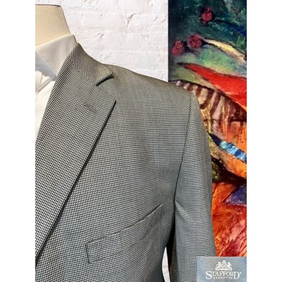 Stafford Signature 48L Silk Wool Houndstooth Soft Blazer Sport Suit Jacket - Picture 4 of 16